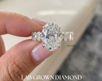 Verlovingsring met in het laboratorium gekweekte ovale diamant, IGI-gecertificeerd, ovale accentdiamant, zwevende zetting, 14-karaats gouden trouwring.