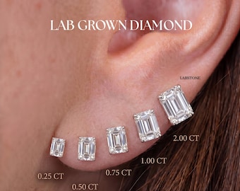 2TCW diamanten oorknopjes in 14k massief goud, smaragd geslepen minimalistische oorbellen, 4 standen, push-back-stijl, in het laboratorium gekweekte diamanten oorbellen