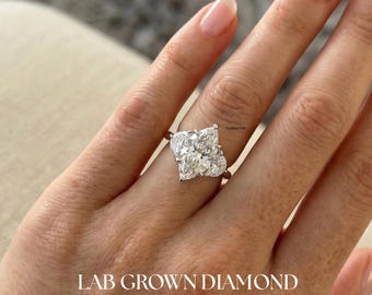 In lab gekweekte diamanten marquise ring met drie stenen, IGI-gecertificeerde diamant, halve maan zijstenen 14K witgouden trilogie bruidsring, voorstelring