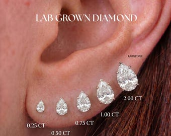 0,50-3 kt labgegroeide diamanten peer geslepen oorknopjes, IGI-gecertificeerd, martini-instelling met V-tand, 14 kt massief gouden druppelvormige schroefsluiting, cadeau voor haar