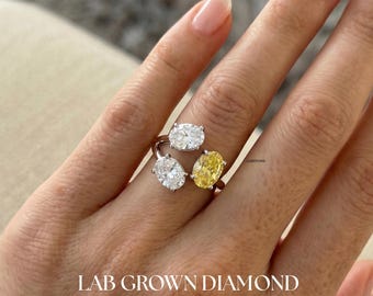 Fancy gele lab-gegroeide diamanten ovale ring met drie stenen, IGI-gecertificeerde diamanten, witgele ovale cluster 14 kt gouden bruidsring, cadeau voor haar