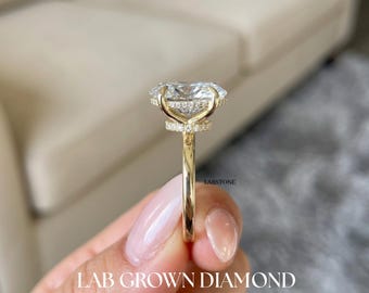 Lab Grown Diamond ovale solitaire verlovingsring IGI-gecertificeerde dubbele geheime halo effen band 14K gouden bruidsring