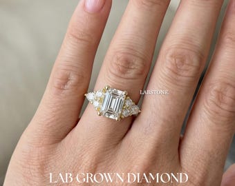 Vintage 1CT Emerald Cut verlovingsring, unieke clusterronde & Marquise Lab Grown Diamond, bruids art-decostijl, taps toelopende band, cadeau voor haar