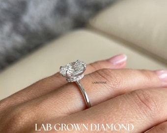 Lab Grown Diamond ovale solitaire verlovingsring IGI Certified Secret Halo Plain Band 14K witgouden bruidsring