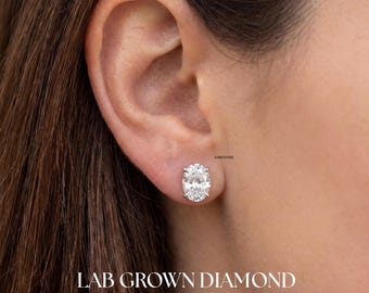 2 TCW diamanten oorbellen van 14 kt massief goud, ovale minimalistische oorbellen, vier stekels, push-back-stijl, in het lab gekweekte diamanten stud