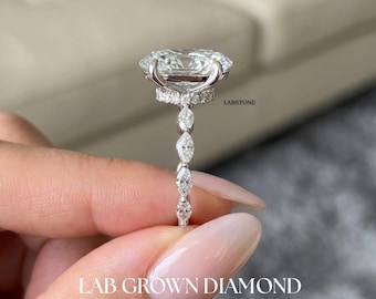 Lab Grown Diamond Oval Engagement Ring IGI Certified Hidden Halo Marquise Round Accent Band 14K Gold Bridal Ring