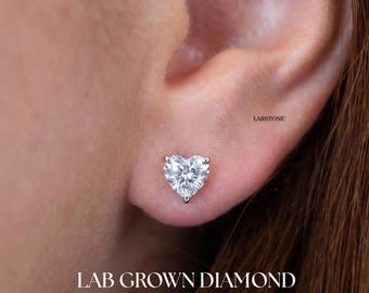 Hartgeslepen oorknopjes van 14 kt goud, pushback-sluiting met 3 pinnen, solitaire hartoorbellen, in het lab gekweekte diamanten oorbellen, cadeau voor haar
