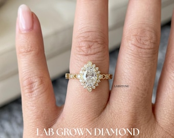 Lab Grown Diamond ovale Sunburst Halo verlovingsring IGI-gecertificeerde vintage bloemen 14K gouden sierlijke band bruidsring
