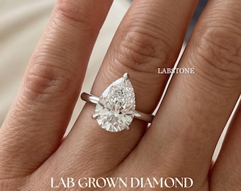 Anillo de compromiso solitario con halo oculto en forma de pera de 2 quilates en oro macizo de 14 quilates, diamante cultivado en laboratorio, anillo de bodas, anillo de promesa, regalo de aniversario