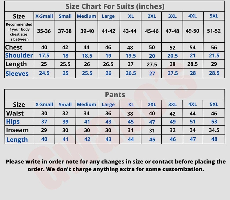 May include: A suit and trouser size chart displaying measurements in inches. Sizes range from X-Small to 5XL, with chest, shoulder, length, sleeve, waist, hip, inseam, and length dimensions. The text at the bottom provides information on customisation.