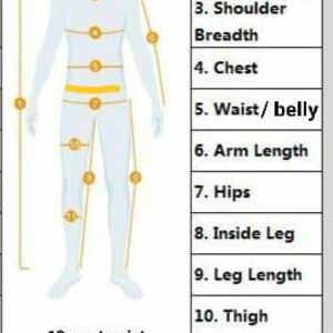May include: Diagram showing body measurement points for clothing. The image features a human figure with numbered points indicating areas like body height, neck size, chest, waist, arm length, hips, and more. Text labels the measurements for accurate sizing.