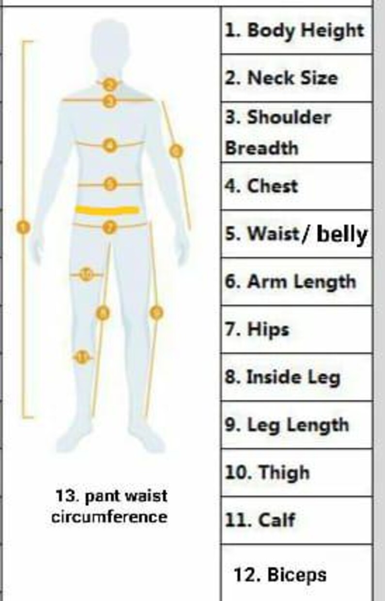 May include: Diagram showing body measurement points for clothing. The image features a human figure with numbered points indicating areas like body height, neck size, chest, waist, arm length, hips, and more. Text labels the measurements for accurate sizing.