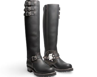 Handmade Leather Engineer Boots, 20" Tall, Triple Buckle Biker Motorcycle Riding
