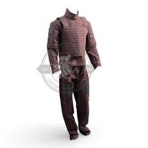 May include: A maroon costume with a high collar, long sleeves, and matching trousers. The top features a quilted design with rectangular patches on the shoulders and sleeves. The trousers have pockets on the thighs. Ideal for cosplay or costume events.
