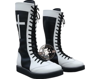 Handmade Black & White Leather Pro Wrestling Boots with Cross – Custom Wrestling Gear