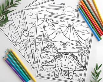 10 stron do wydrukowania ze scenami dinozaurów – kolorowanki dla dzieci z krajobrazami i dinozaurami – natychmiastowe pobranie pliku PDF – zabawne rzemiosło dla dzieci