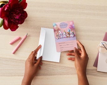 Zaproszenie urodzinowe do wydrukowania – Wypełnij puste miejsce Pastelowe zaproszenie na imprezę – Uroczy pluszowy motyw – Edytowalny szablon dla dzieci