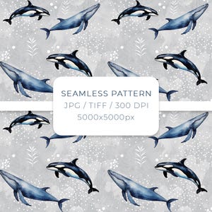 Seamless Whale and Killer Whale Orca – Ocean Animal Digital Paper with Grey Background in JPG and TIFF for Crafts