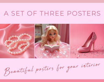 Láminas de moda glam rosa: Muñeca, perlas y tacones (Descarga digital: Conjunto de 3 pósteres)