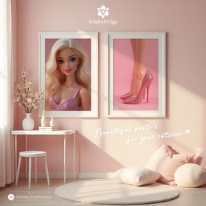 Glam Doll Portrait & Pink Heels Art Print Set: Girl&#39;s Room Decor (Digital Download)
