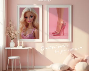 Conjunto de impresiones artísticas de retrato de muñeca glamurosa y tacones rosas: Decoración para habitación de niña (descarga digital)