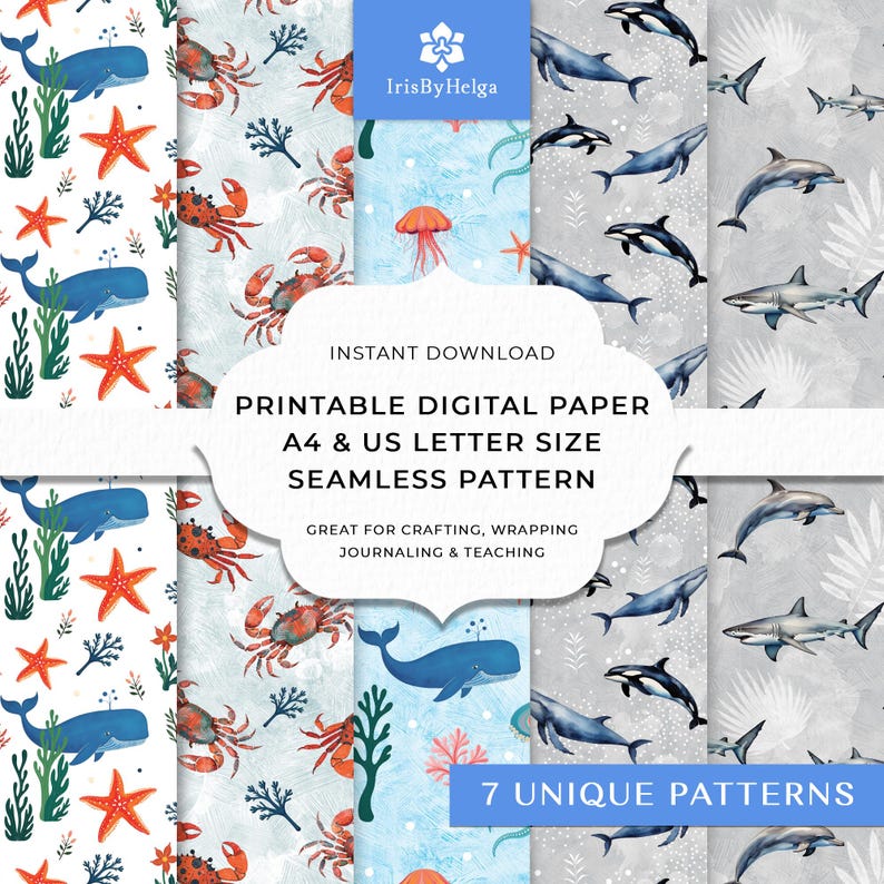 Ocean Animals Digital Paper Pack: Seamless Sea Life Patterns (A4 & US ...