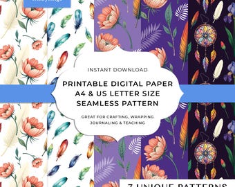 Boho Dreamcatcher Digital Paper Pack: Floral Feather Seamless Patterns (A4 & US Letter)