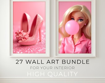 Conjunto de 27 piezas de arte mural, Glamour: Muñeca soplando chicle, tacones rosas con purpurina (descarga digital)