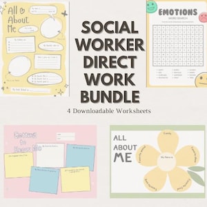 以下が含まれることがあります： ソーシャルワーカー向けの印刷可能なワークシート4枚セット。ワークシートのタイトルは「私についてすべて」「私を知る」「私についてすべて」「感情の単語検索」。ワークシートは、子どもたちが自分自身と自分の感情について学ぶのを助けるために設計されています。