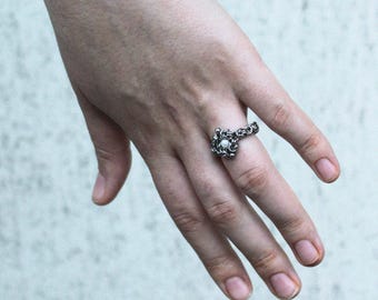 Handmade Stainless Steel Chainmail Ring with Natural Stone Medieval Labradorite Ring