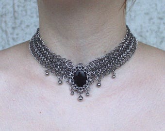 Handmade Stainless Steel Chainmail Choker, Gothic Statement Collar Necklace, Obsidian Stone