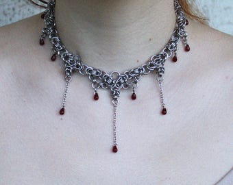 Handmade Stainless Steel Chainmaille Choker with Dark Red Bloody Drop Charms Elegant Gothic Necklace