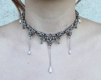 Handmade Stainless Steel Chainmaille Choker with Mother-of-Pearl Drop Charms Elegant Gothic Necklace