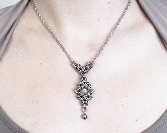 Stainless Steel Chainmail Pendant Necklace with Natural Stone, Handmade Elegant Jewelry, Minimalist Gift