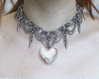Handmade Chainmail Heart Necklace: Stainless Steel, Quartz & Glass