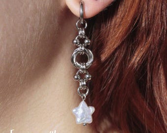 star pearl chain mail earrings
