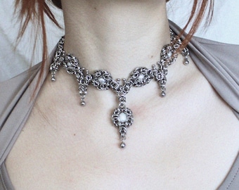 Handmade Stainless Steel Chainmail Choker with Pearls, Piercing Chain Necklace