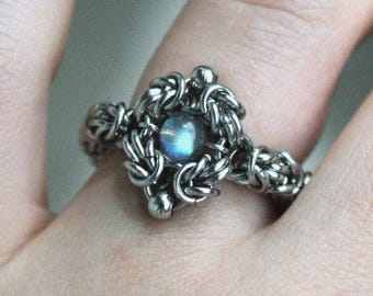 Handmade Stainless Steel Chainmail Ring with Natural Stone Medieval Labradorite Ring