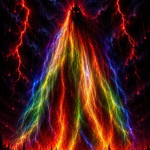 Könnte beinhalten: Digitales Kunstwerk, das eine bergähnliche Struktur aus lebendigen, mehrfarbigen Blitzen zeigt. Das Kunstwerk hat einen dunklen Hintergrund mit roten, orangen, gelben, grünen, blauen und violetten Farbtönen, was eine dramatische und energiegeladene Optik erzeugt.