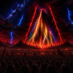 Könnte beinhalten: Digitales Kunstwerk, das eine dramatische Fantasy-Szene darstellt. Blaue und rote Blitze zucken über einen dunklen, stürmischen Himmel. Eine zentrale Struktur strahlt lebendige, farbenfrohe Energie aus, mit einer großen Menschenmenge im Vordergrund.