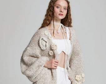 Hand Knitted Wool Cardigan with Mohair Cuffs and Crocheted Flowers | Bridal Wool Jacket | Custom Oversized Wedding Knitwear