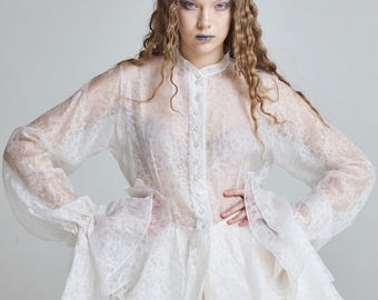 Silk Organza Bridal Shirt | Vintage Inspired Sheer Wedding Top | Alternative Bride Victorian Blouse | Boho Lace Button-Up