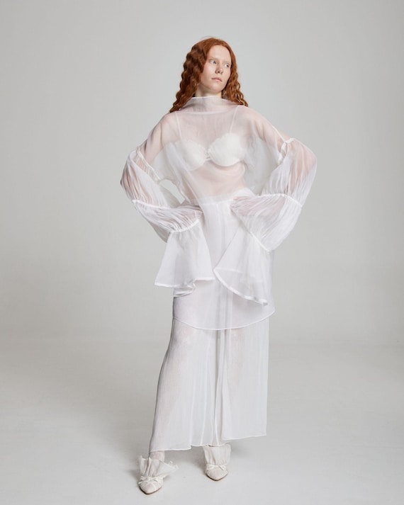 Silk Organza Oversize Long Sleeve Blouse | Luxury Bridal Top | Luxurious Wedding Wear Blouse | Handmade Boho Flowy Top