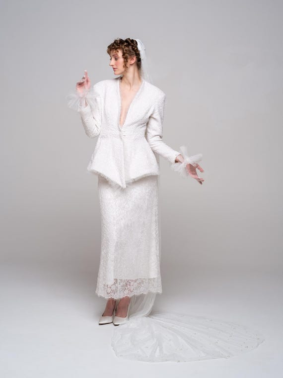beaded lace jacket dress French Bouclé & Skirt Bridal Set | Boho Unconventional Wedding sashes light blue checkered dress Size:EU 36 | US 6 | UK 8 50 LPolyesterDry cleanImported