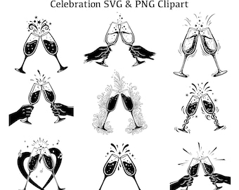 Set de 9 elegantes imágenes prediseñadas SVG de copas de champán / Silueta negra de brindis en PNG / Archivos digitales para bodas y fiestas / Descarga instantánea