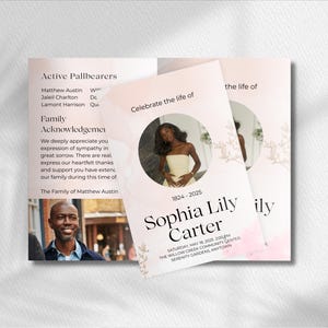 Pink obituary template canva template bifold funeral program 8 pages 5.5x8.5