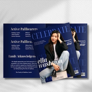 Obituary template blue magazine-style canva template celebration of life obituary template for women 8 page 8.5x11