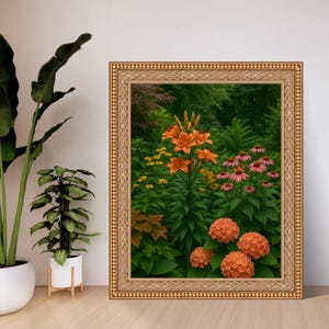 Op de afbeelding: Een ingelijste print met een levendige tuinscène. Het kunstwerk toont oranje lelies, roze zonnehoeden en oranje hortensia's, tegen een achtergrond van weelderig groen gebladerte. De goudkleurige lijst voegt een vleugje elegantie toe aan de bloemenpracht.