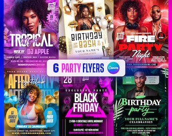 6 Party Flyers Bundle: Nightclub, Birthday, Club, DJ Event, Social Media Templates (Canva Editable)