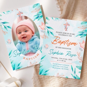 Peaceful Watercolor Baptism Invitation with Photo, Unisex Christening Card, Editable Baptism Canva Template, Printable Digital Baptism Card.